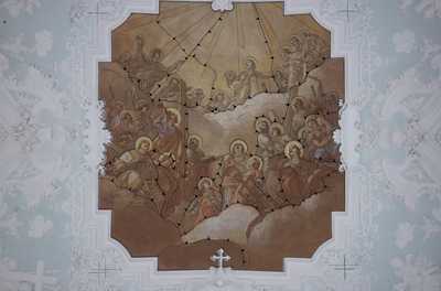 Kirchenschiff, Gemälde mit der Darstellung der 14 Nothelfer. Kartierung der Tagewerksgrenzen