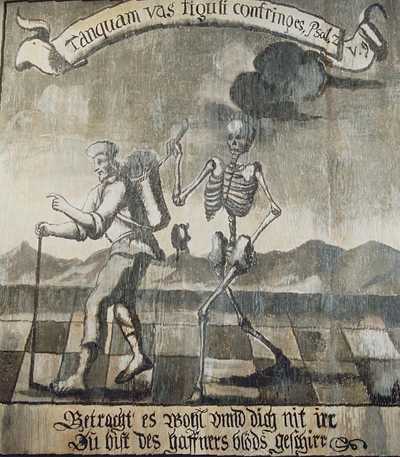 Totentanz, Wondreb, Tafel-Nr. 16: Partielle Weißschleierbildungen und verfärbte Retuschen